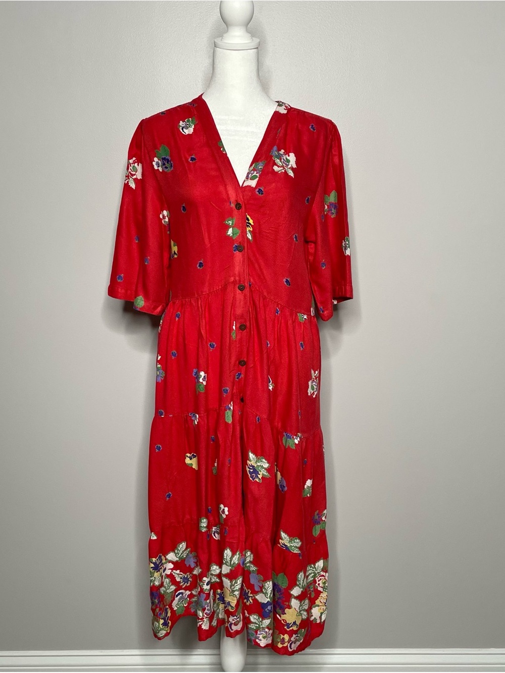 Sacred Threads Red Floral V-Neck Midi Dress S/M